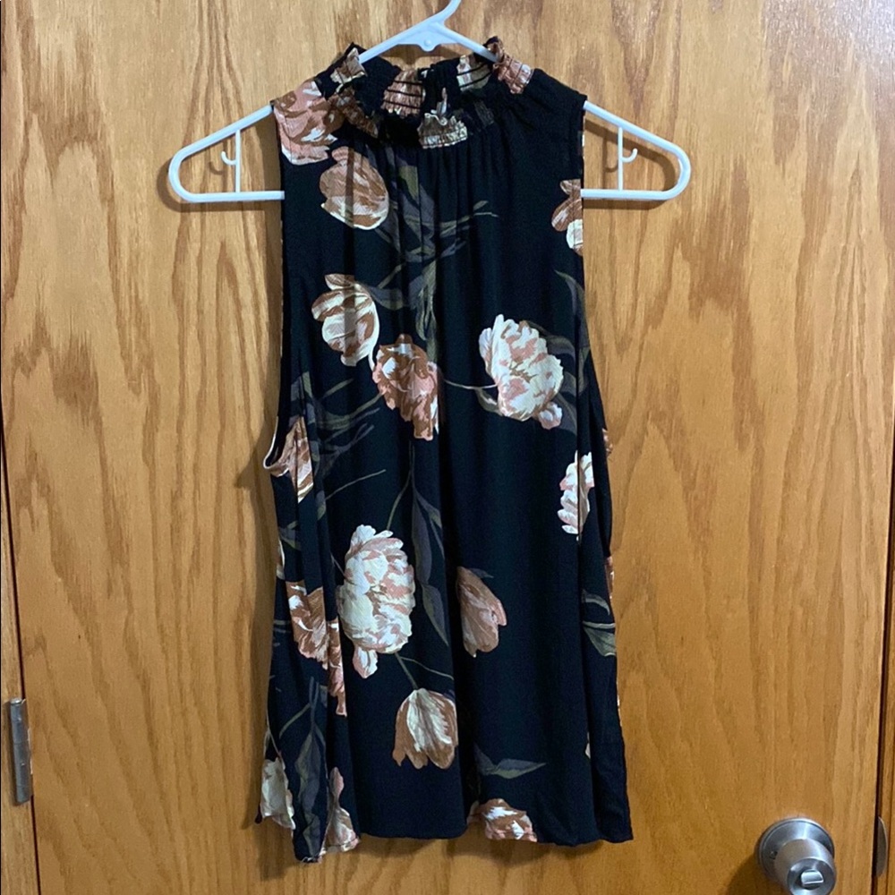 A New Day Black Pleated Blouse with Mandarin Collar